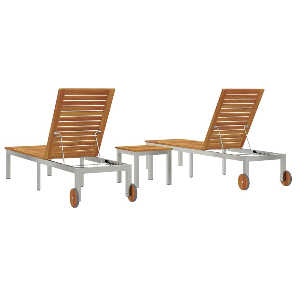 Lounger 3 pcs Brown Solid Acacia Wood and Stainless Steel