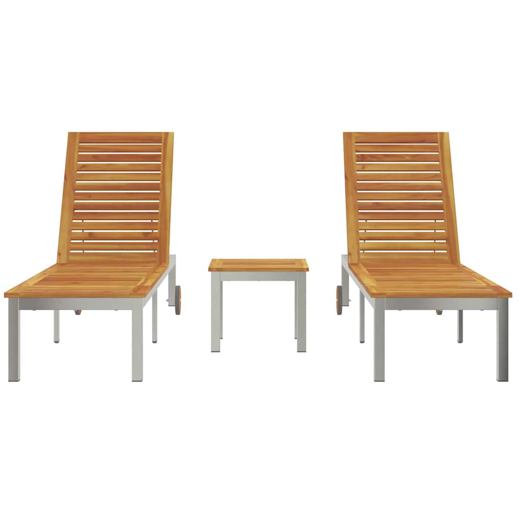 Lounger 3 pcs Brown Solid Acacia Wood and Stainless Steel