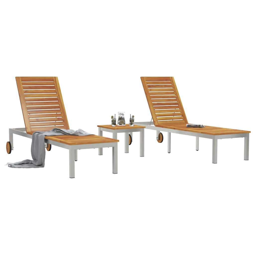 Lounger 3 pcs Brown Solid Acacia Wood and Stainless Steel