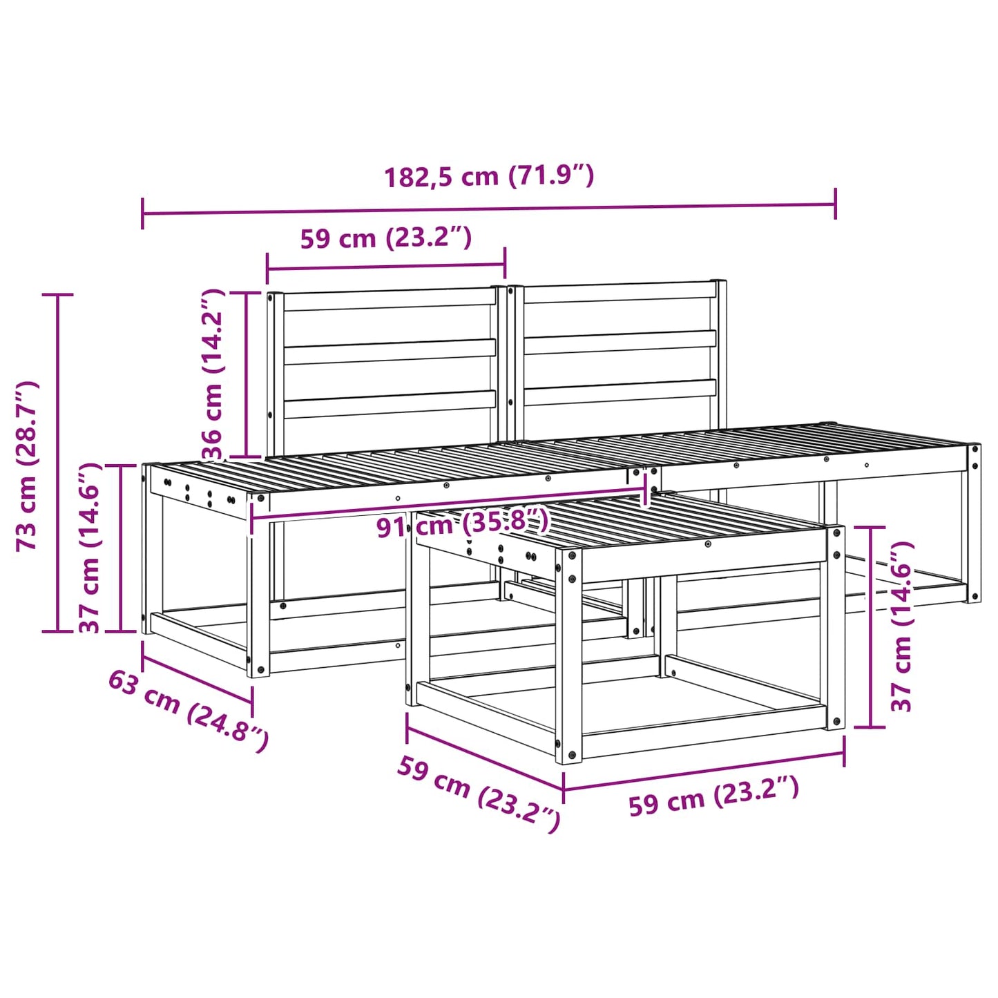 Outdoor Sofa Set 3 pcs Natural Solid Acacia Wood