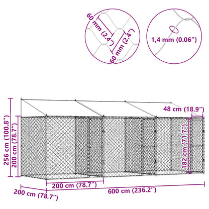 Dog Cage with Roof Silver 600 x 200 x 256 cm Steel and PE