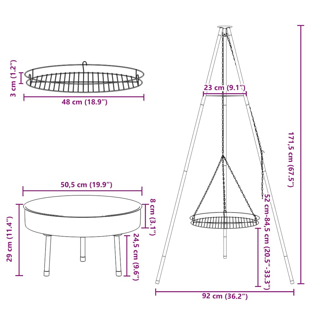 Campfire Tripod 3 pcs Black Steel