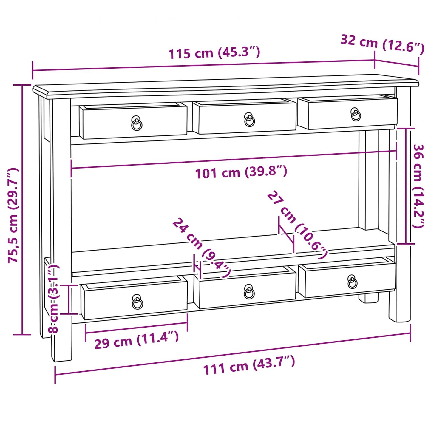 Console Table Brown 115 x 32 x 75.5 cm Solid Mahogany Wood