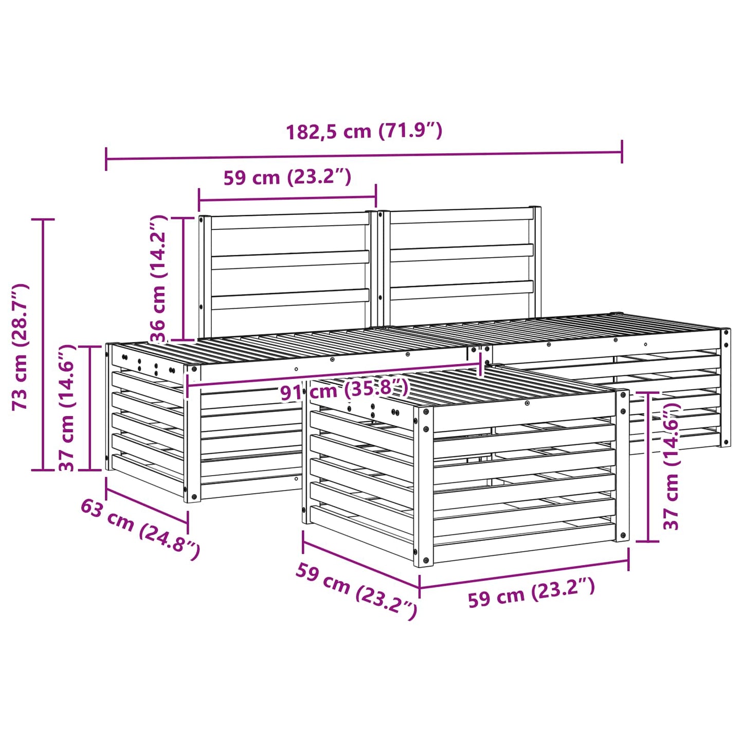 Outdoor Sofa Set Natural 59 x 59 x 37 cm Solid Acacia Wood