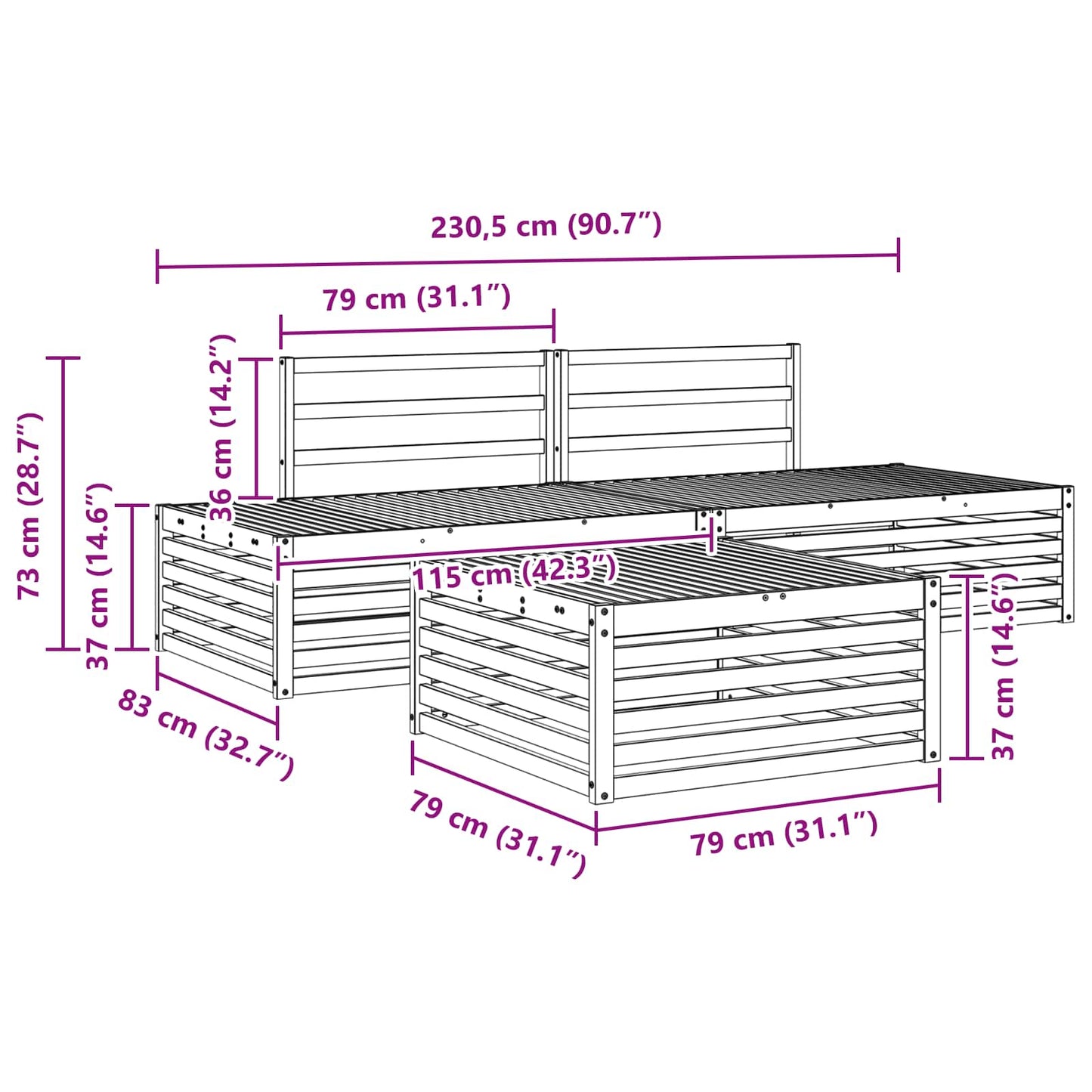 Outdoor Sofa Set 3 Piece Natural Solid Acacia Wood