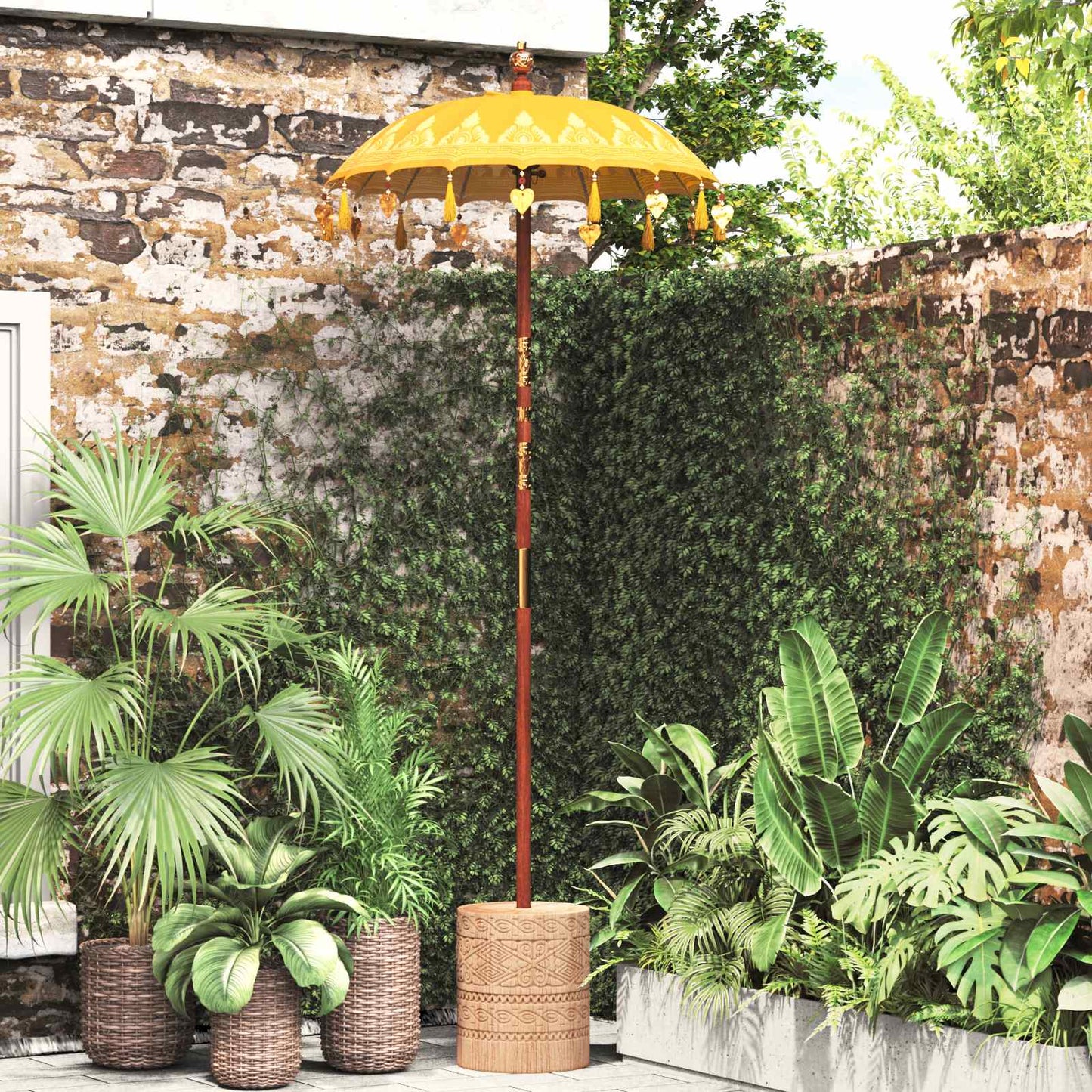Parasol with Base Yellow 95 x 95 x 260 cm Cotton and Wood