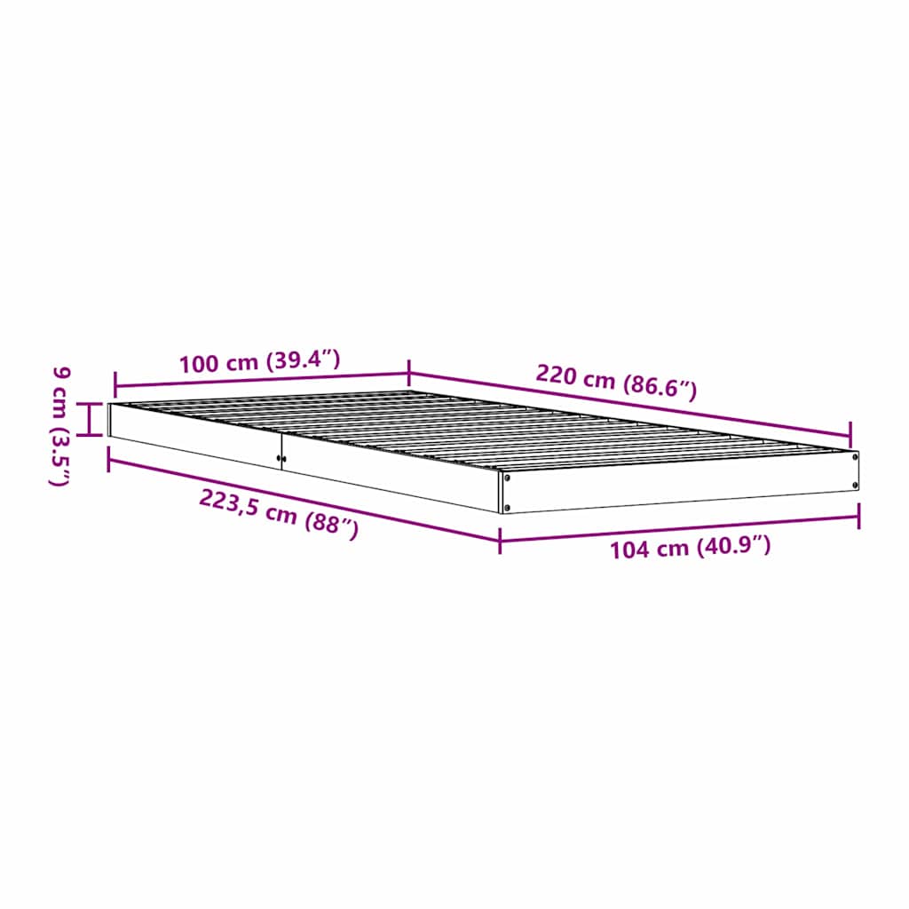 Floor Bed Frame White 100 x 220 cm Solid Pine Wood