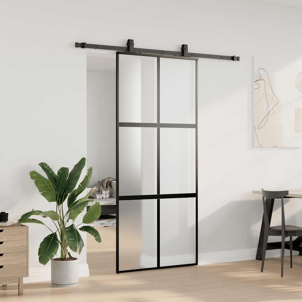 Sliding Door with Hardware Set Black 90x205 cm Tempered Glass