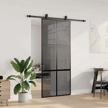 Sliding Door with Hardware Set Black 90x205 cm Tempered Glass