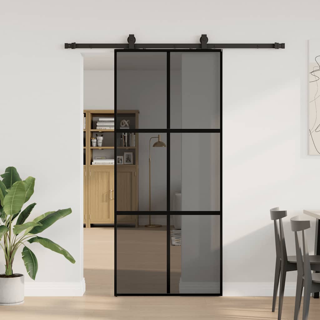 Sliding Door with Hardware Set Black 90x205 cm Tempered Glass