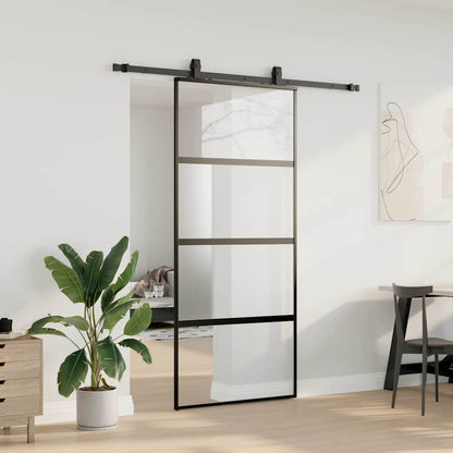 Sliding Door with Hardware Set Black 90x205 cm Tempered Glass