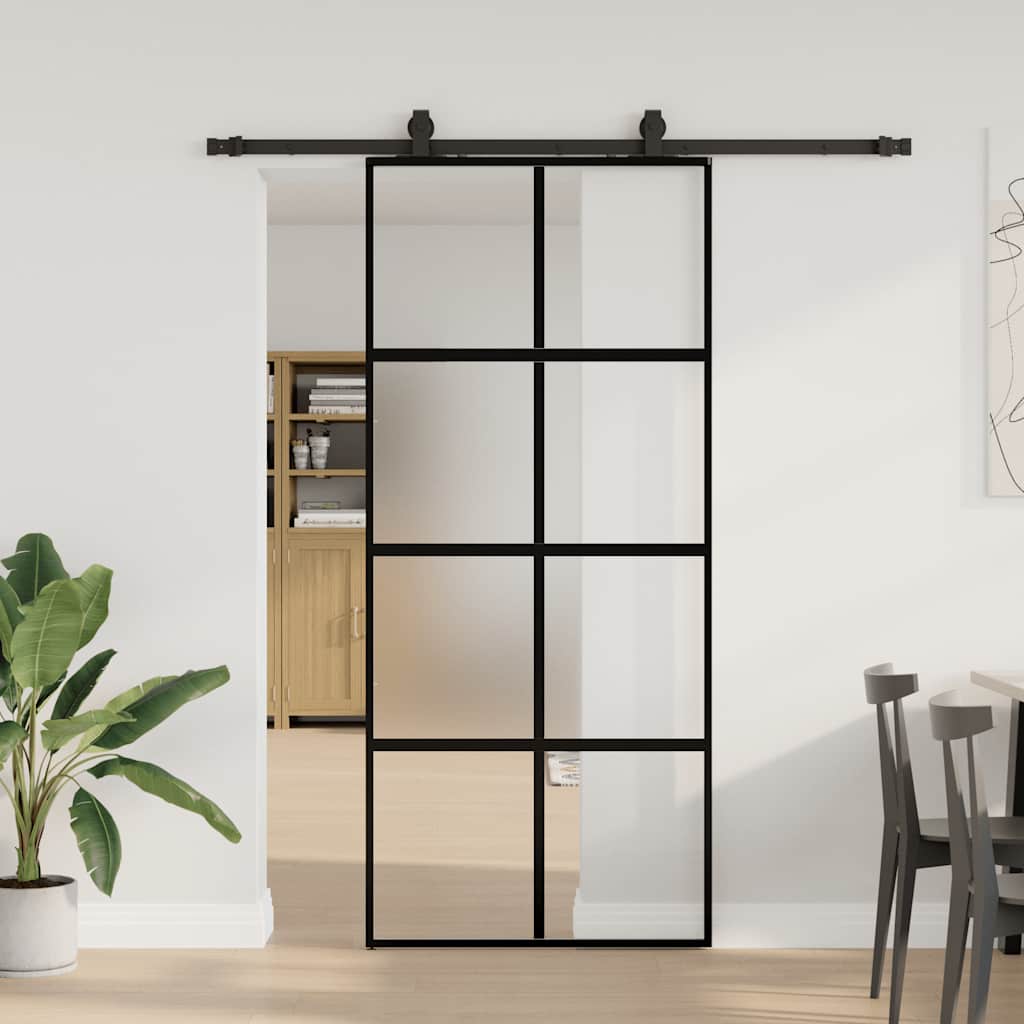 Sliding Door with Hardware Set Black 90x205 cm Tempered Glass