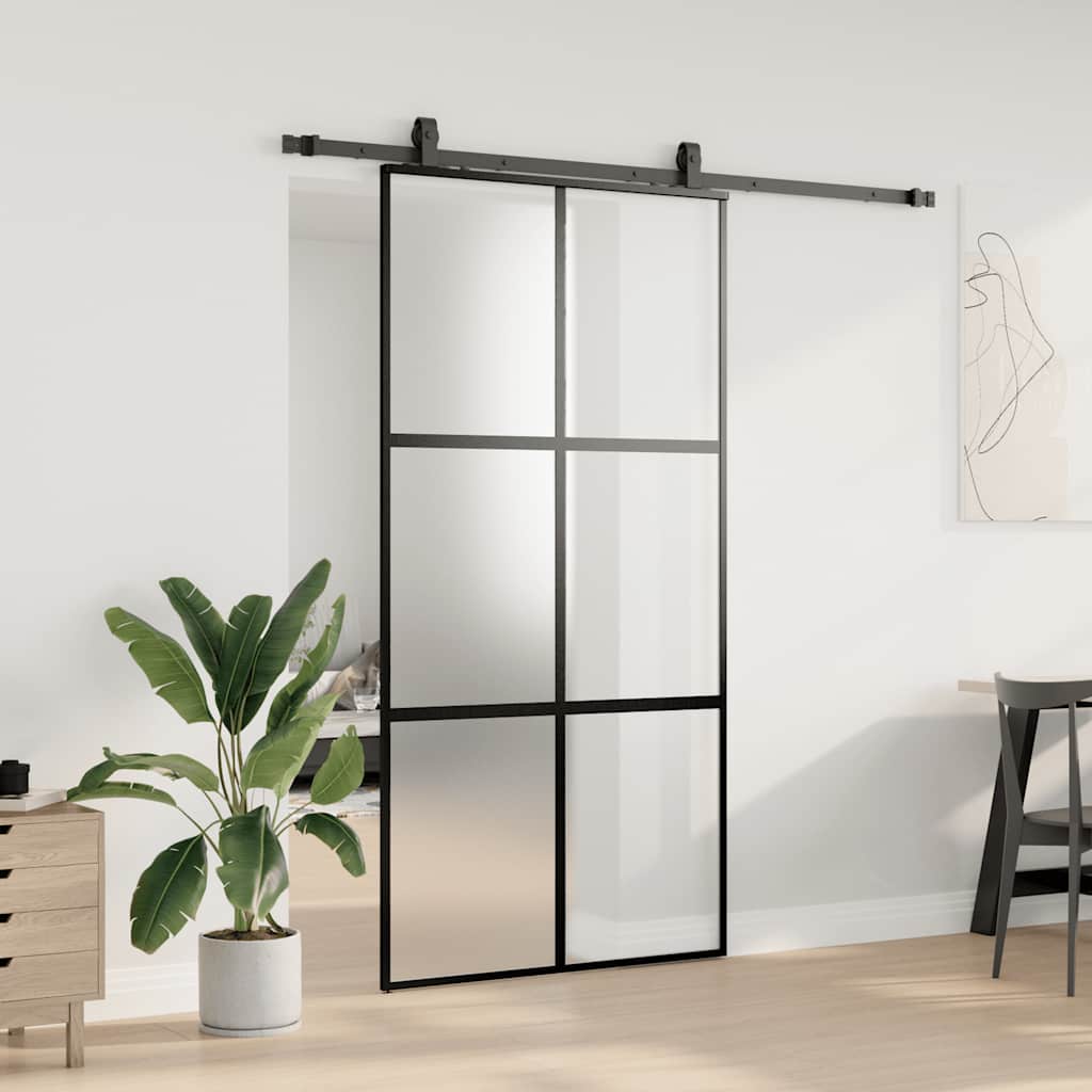 Sliding Door with Hardware Set Black 102.5x205 cm Tempered Glass