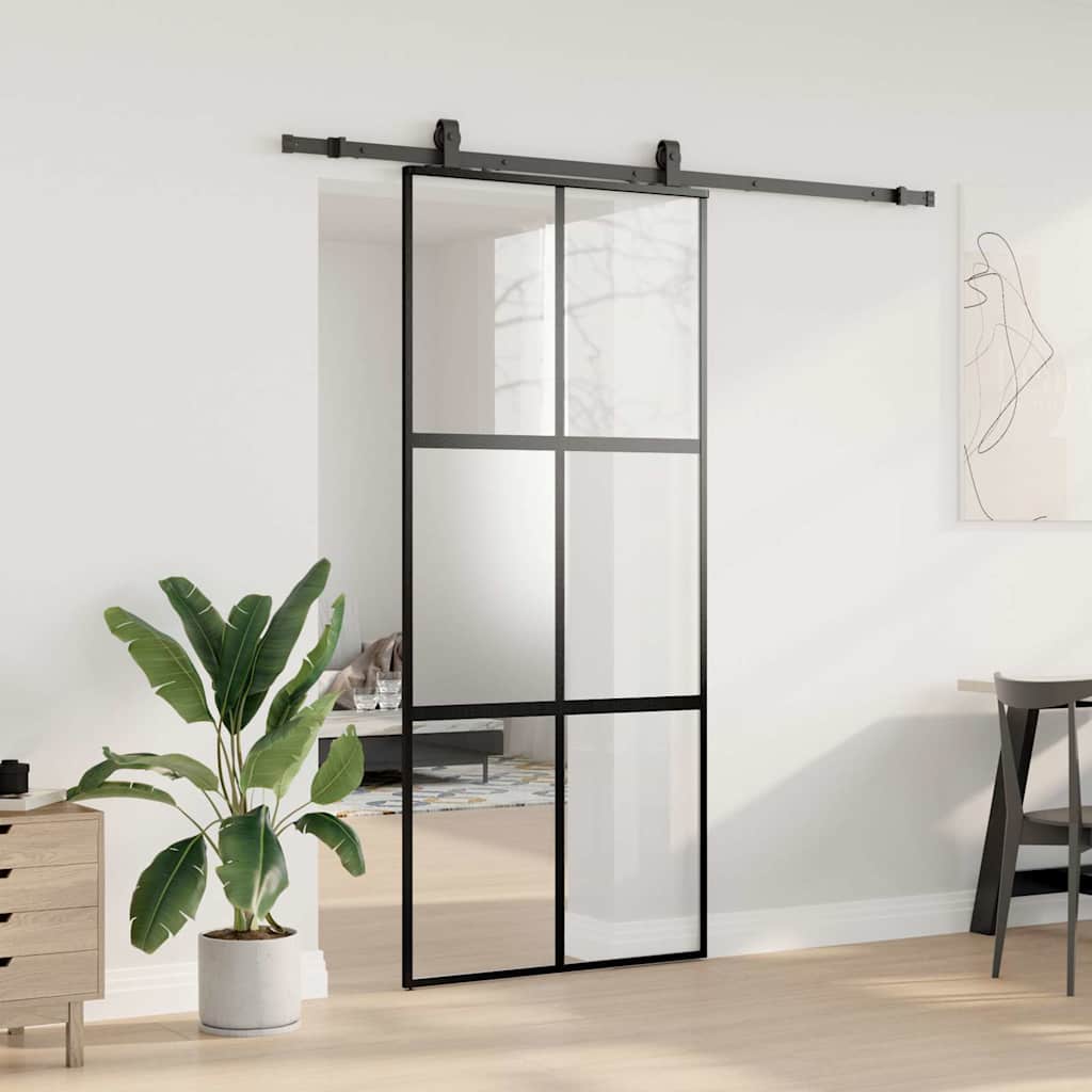 Sliding Door with Hardware Set Black 90x205 cm Tempered Glass