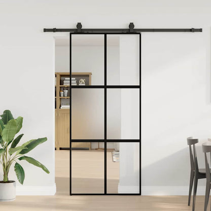 Sliding Door with Hardware Set Black 90x205 cm Tempered Glass