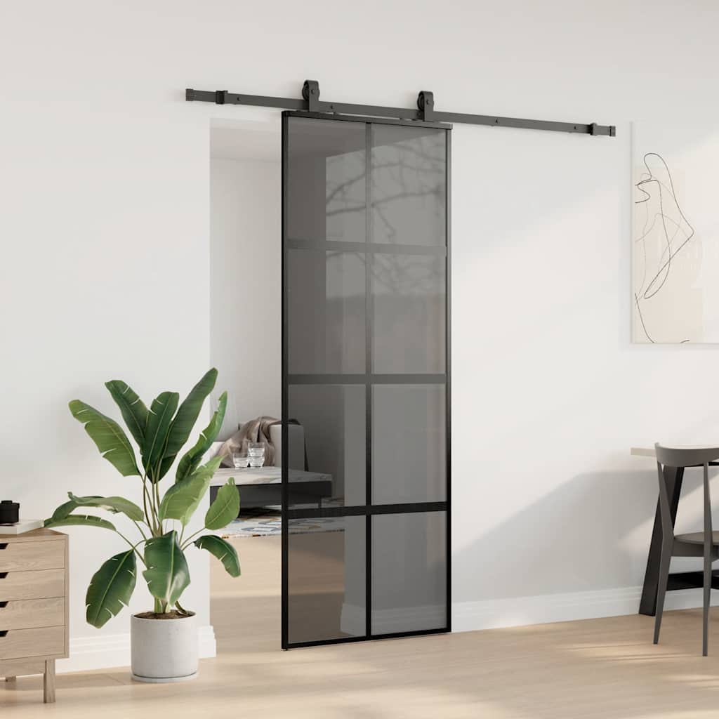 Sliding Door with Hardware Set Black 76x205 cm Tempered Glass
