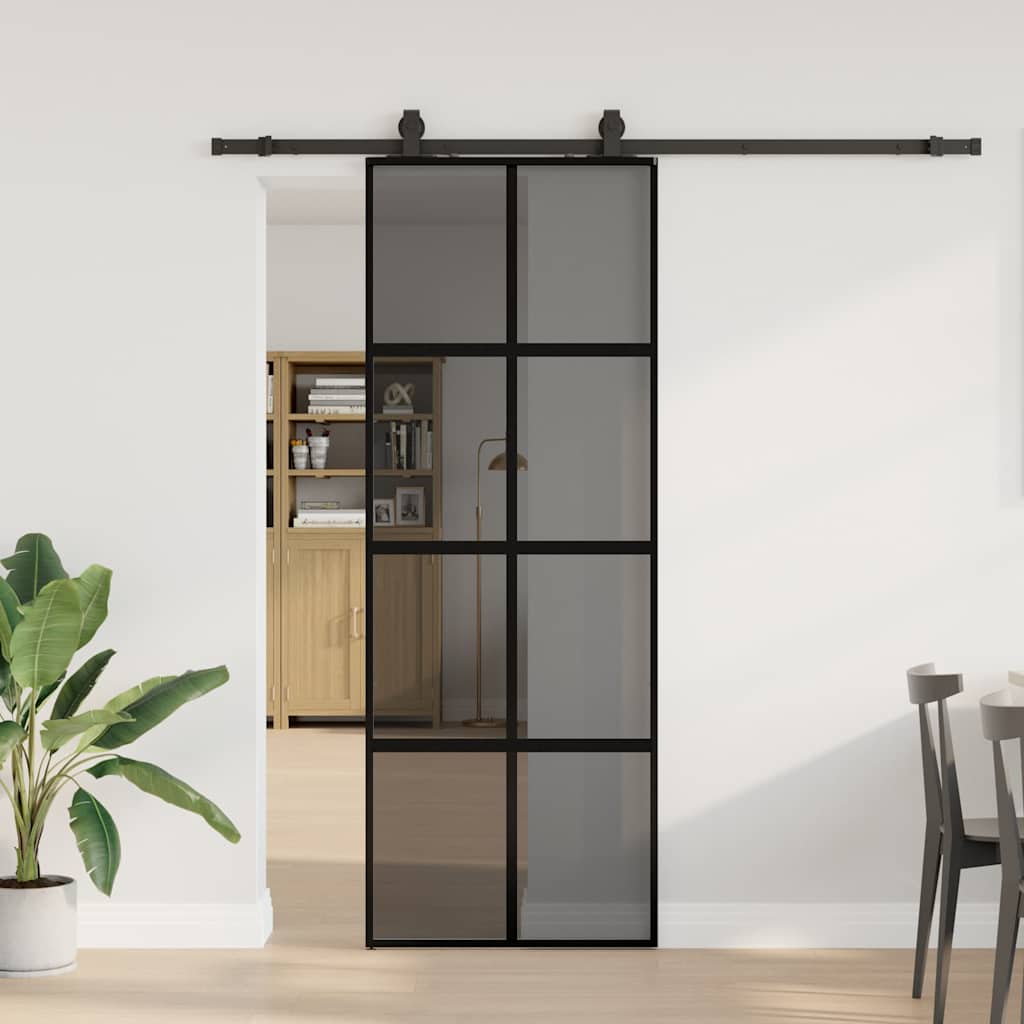 Sliding Door with Hardware Set Black 76x205 cm Tempered Glass