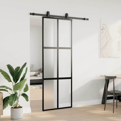 Sliding Door with Hardware Set Black 76x205 cm Tempered Glass