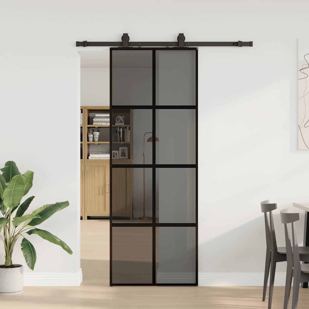 Sliding Door with Hardware Set Black 76x205 cm Tempered Glass