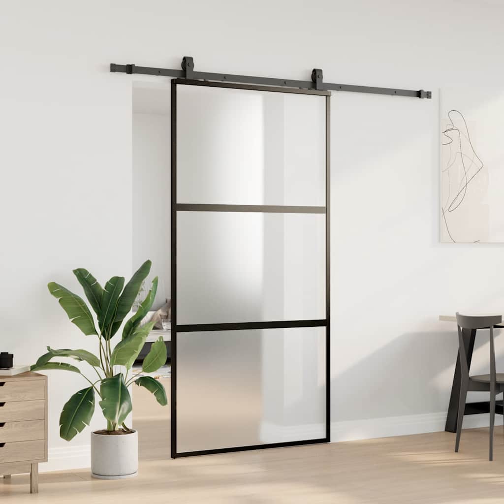 Sliding Door with Hardware Set Black 102.5x205 cm Tempered Glass