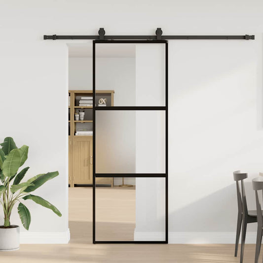 Sliding Door with Hardware Set Black 76x205 cm Tempered Glass