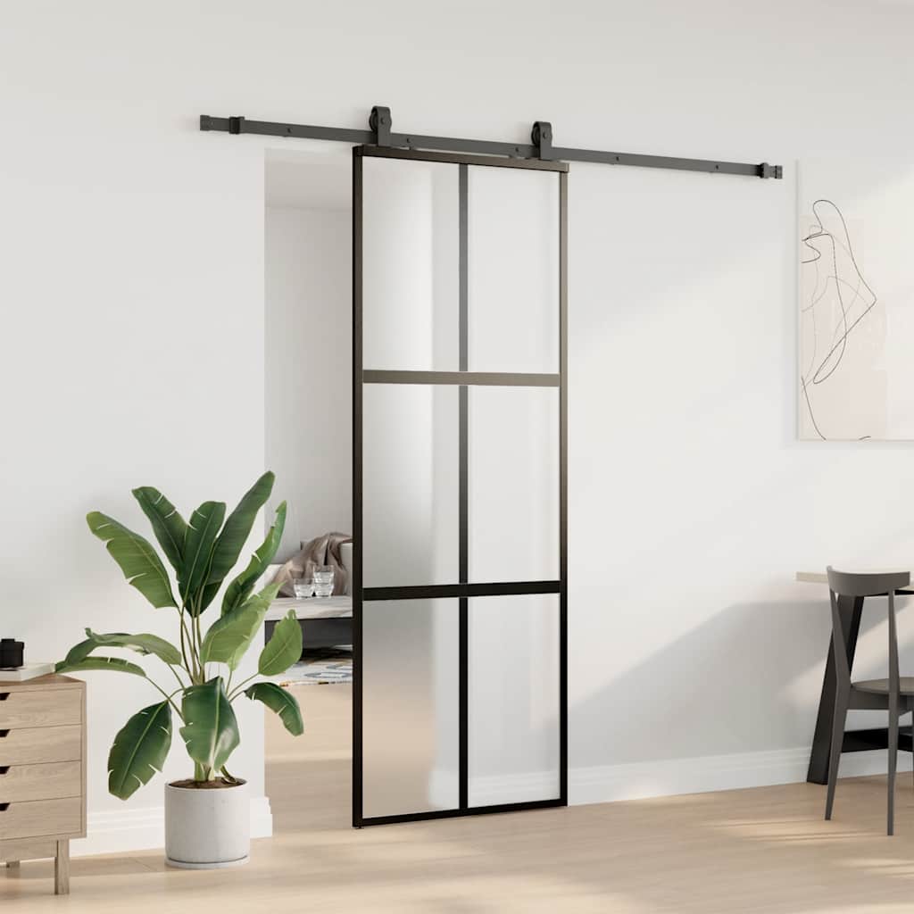 Sliding Door with Hardware Set Black 76x205 cm Tempered Glass