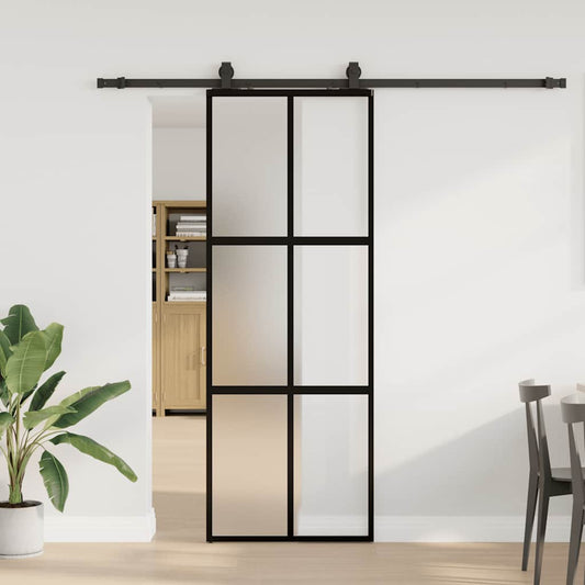 Sliding Door with Hardware Set Black 76x205 cm Tempered Glass