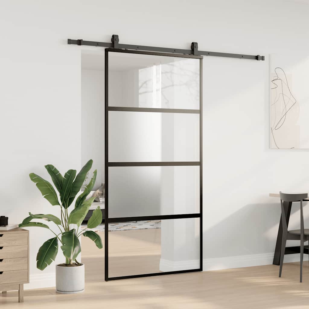 Sliding Door with Hardware Set Black 102.5x205 cm Tempered Glass