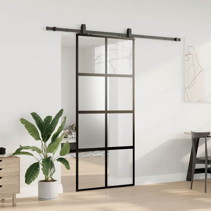 Sliding Door with Hardware Set Black 90x205 cm Tempered Glass