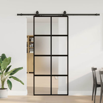 Sliding Door with Hardware Set Black 90x205 cm Tempered Glass