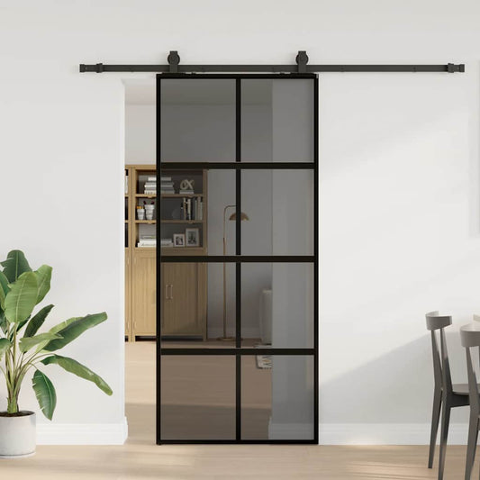 Sliding Door with Hardware Set Black 90x205 cm Tempered Glass