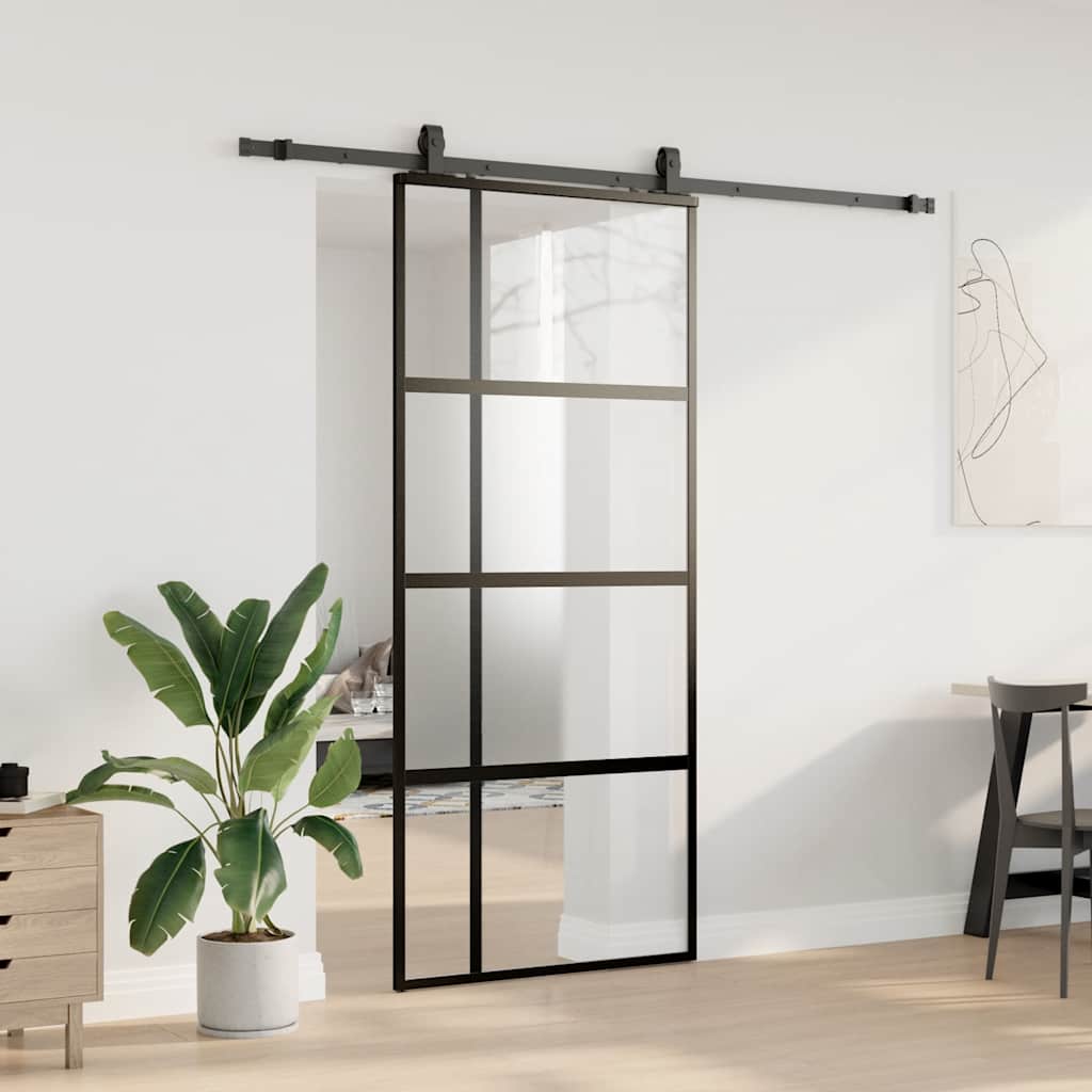 Sliding Door with Hardware Set Black 90x205 cm Tempered Glass