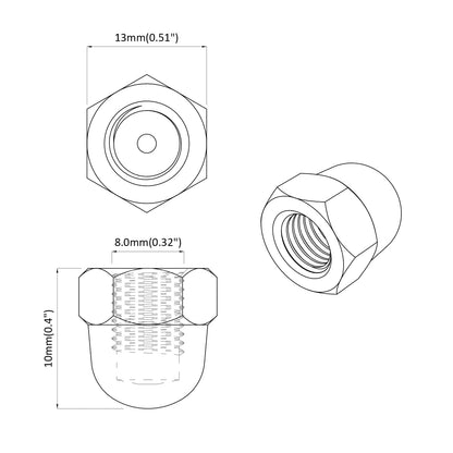 Hex Acorn Nuts 2 pcs Silver M8 Metal