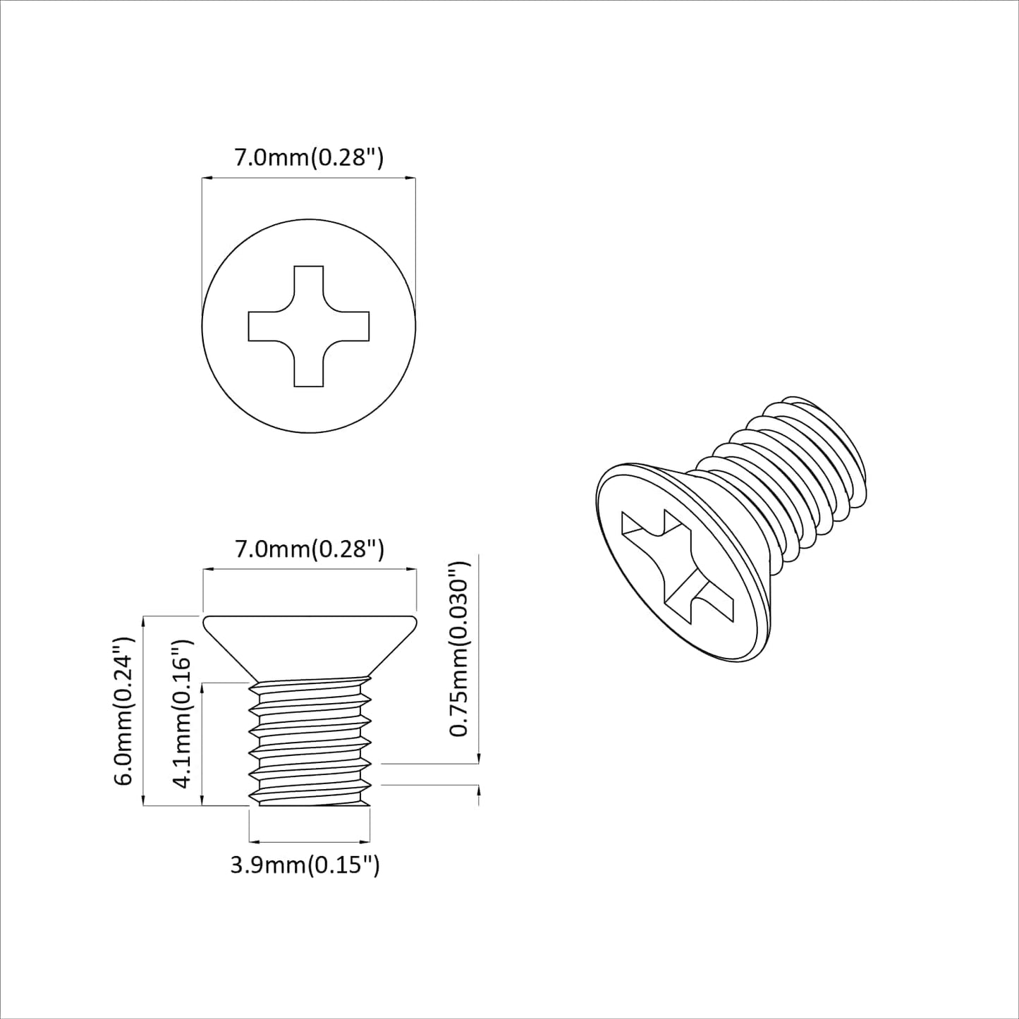 Countersunk Head Screws 2 pcs Silver M4 x 6 mm Steel