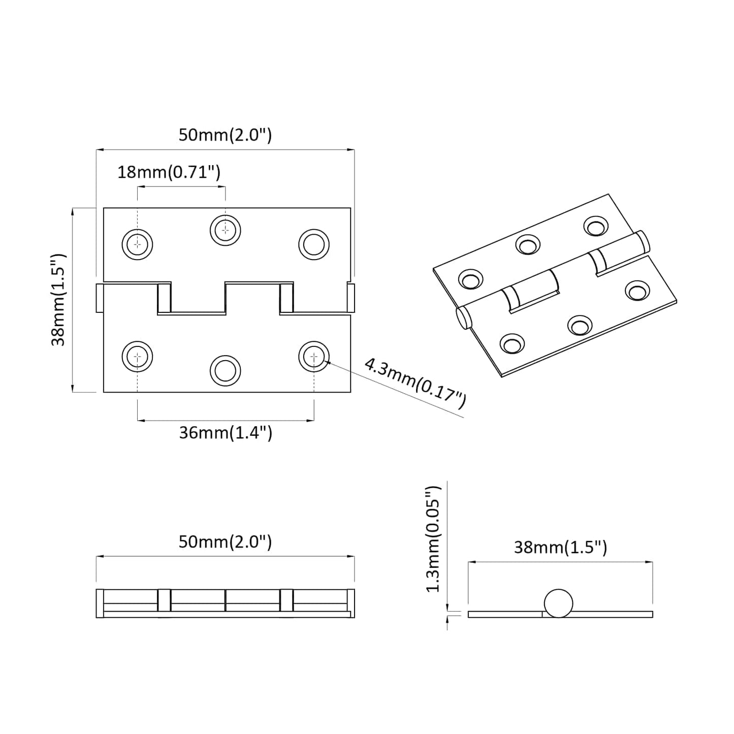 Hinge 2 pcs Silver 50 x 38 x 1.3 mm Steel