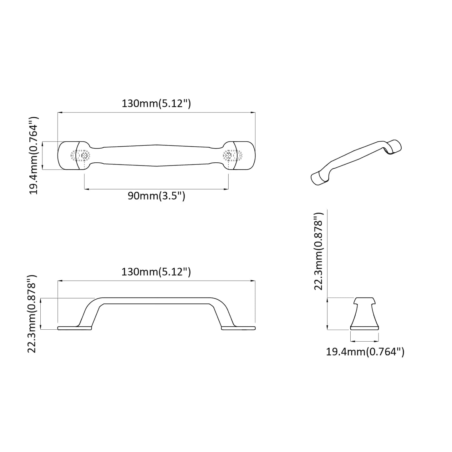 Furniture Handle 2 pcs Black 130 x 19.4 x 22.3 mm Aluminium
