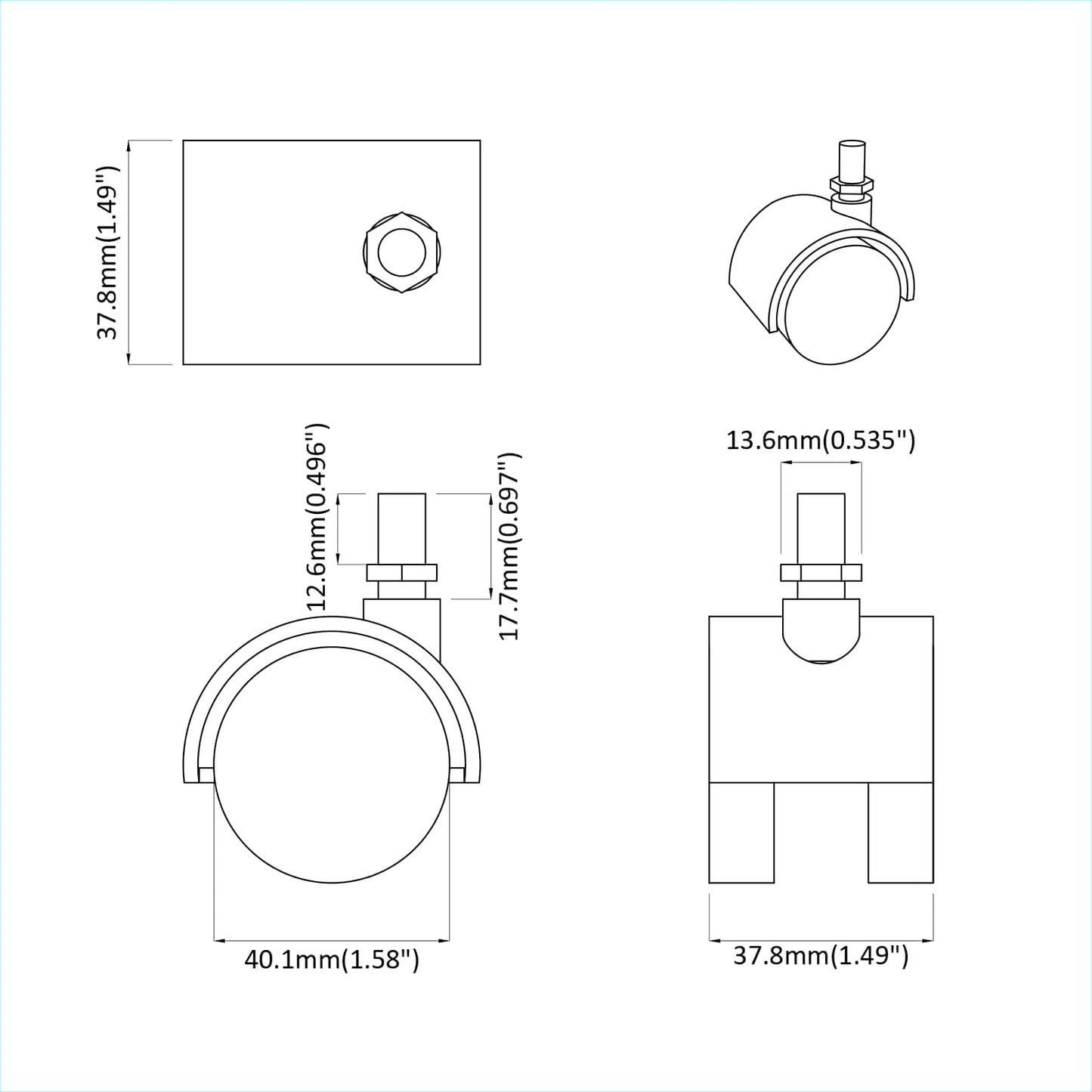 Casters 2 pcs Black 40.1 x 37.8 mm PP and Iron