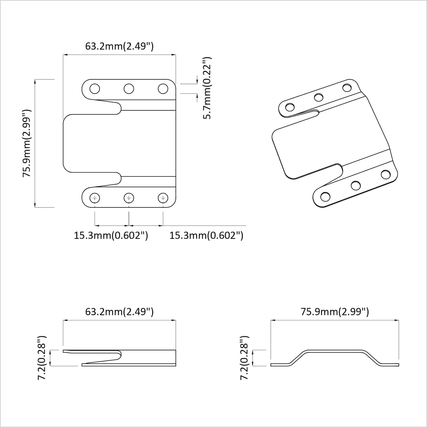 Flush Mount Bracket 2 Silver 75 x 66 x 1.4 mm Steel