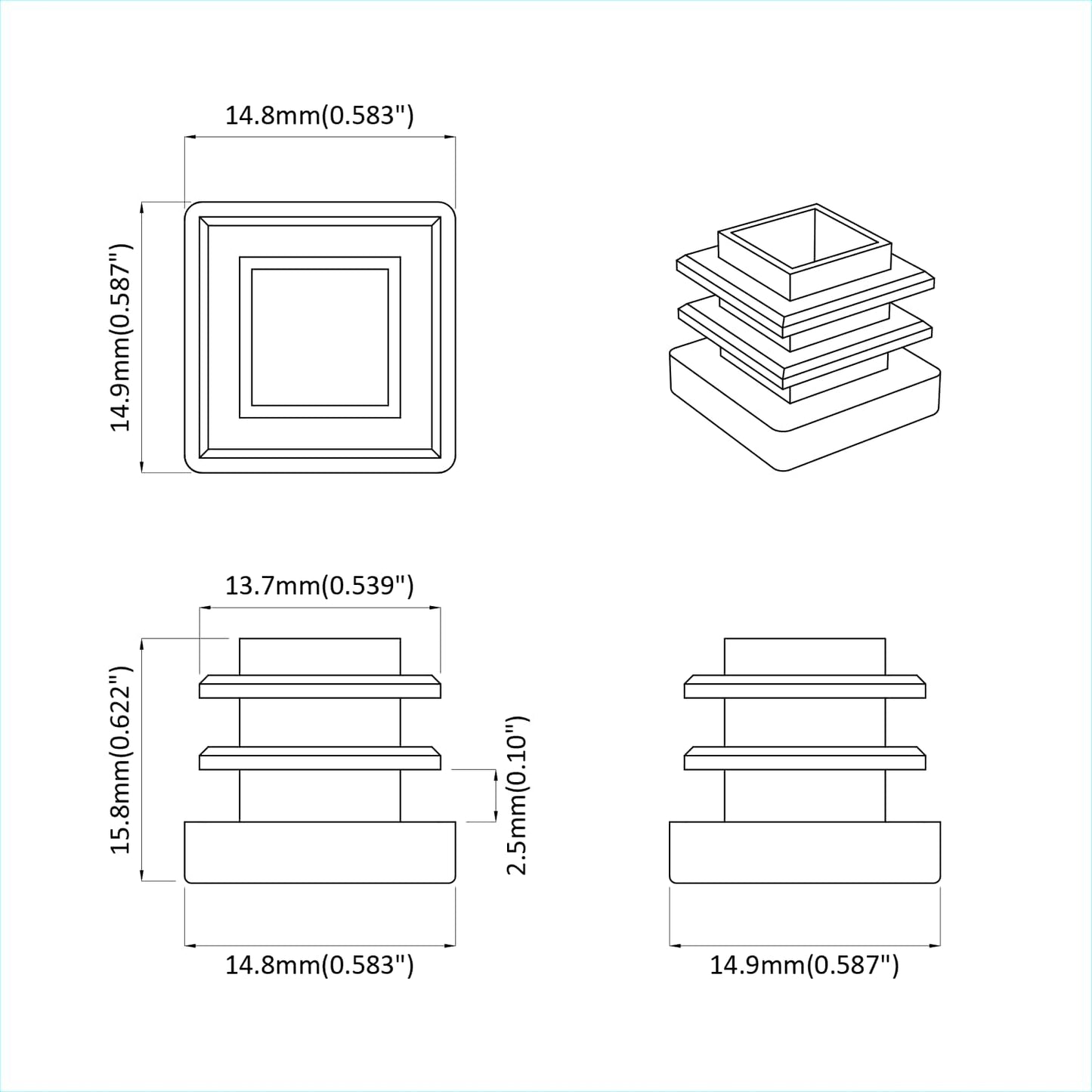 End Caps 12 pcs Black 15 x 15 x 15 mm PP