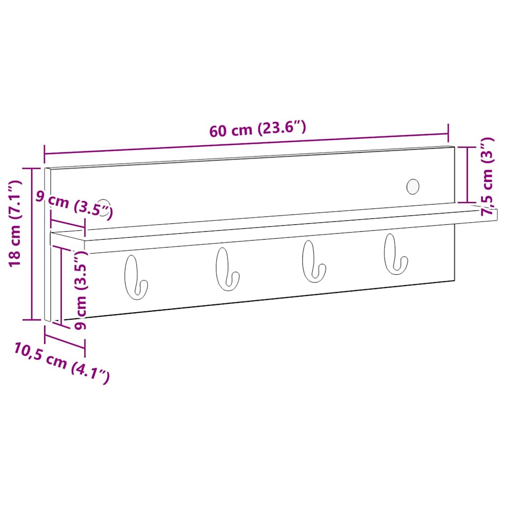 Wall-Mounted Coat Rack Grey Sonoma 60 x 10.5 x 18 cm