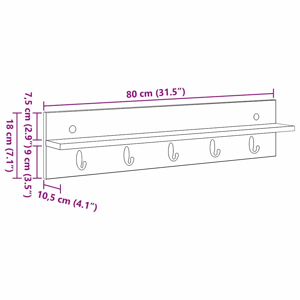 Wall-Mounted Coat Rack Wall-mounted Black Oak 80 x 10.5 x 18 cm