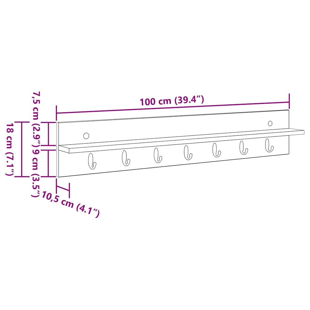 Wall-Mounted Coat Rack Wall-mounted Old Wood 100 x 10.5 x 18 cm