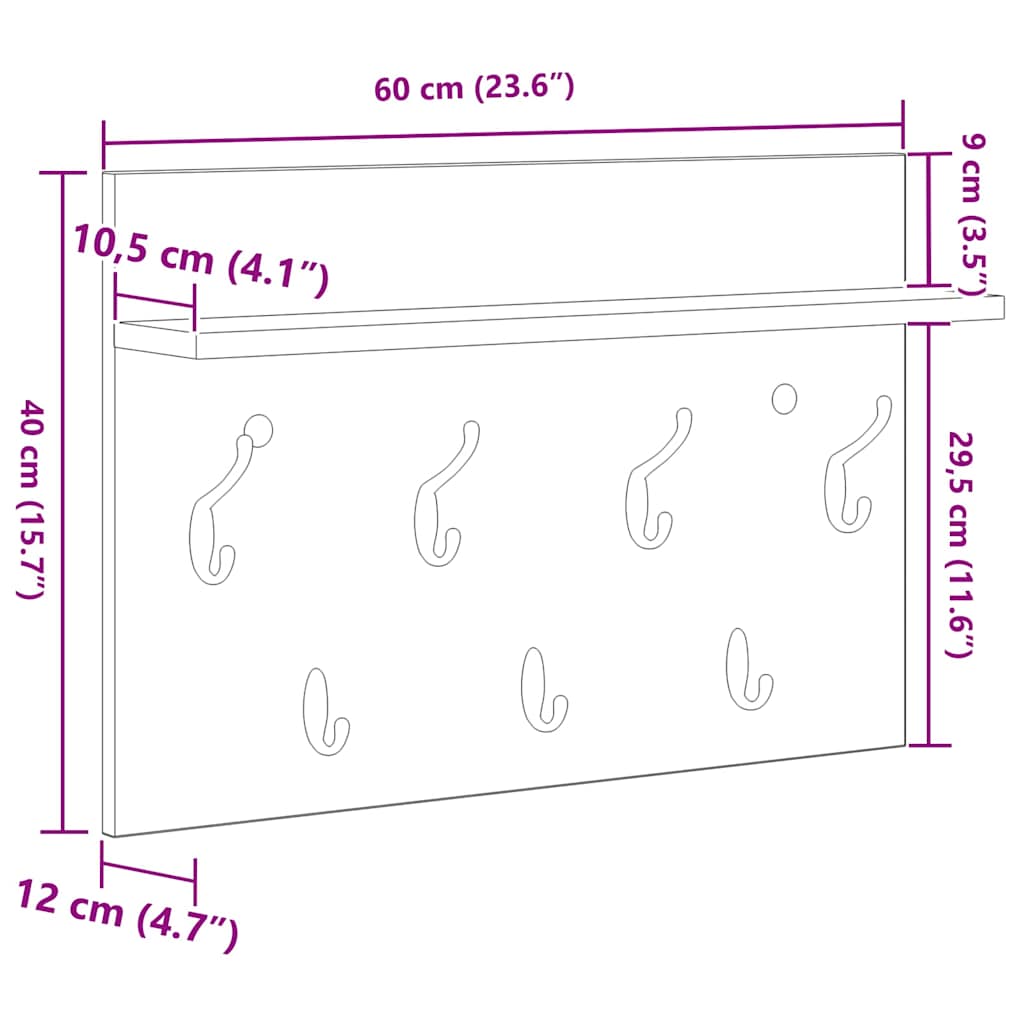 Wall-Mounted Coat Rack Wall-Mounted Grey Sonoma 60 x 40 x 12 cm