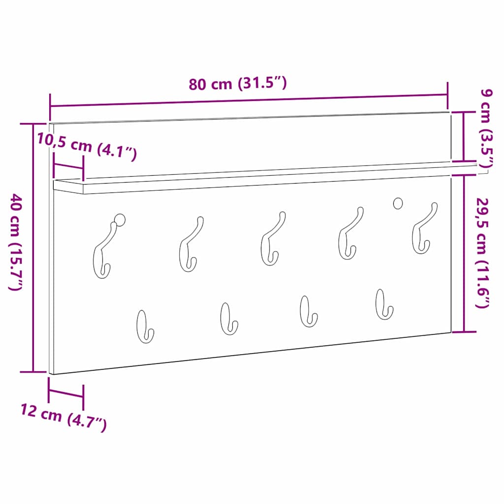 Wall-Mounted Coat Rack Wall-Mounted White 80 x 40 x 12 cm