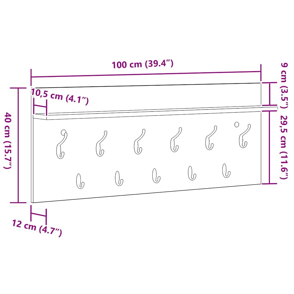 Wall-Mounted Coat Rack Wall-Mounted Smoked Oak 100 x 40 x 12 cm