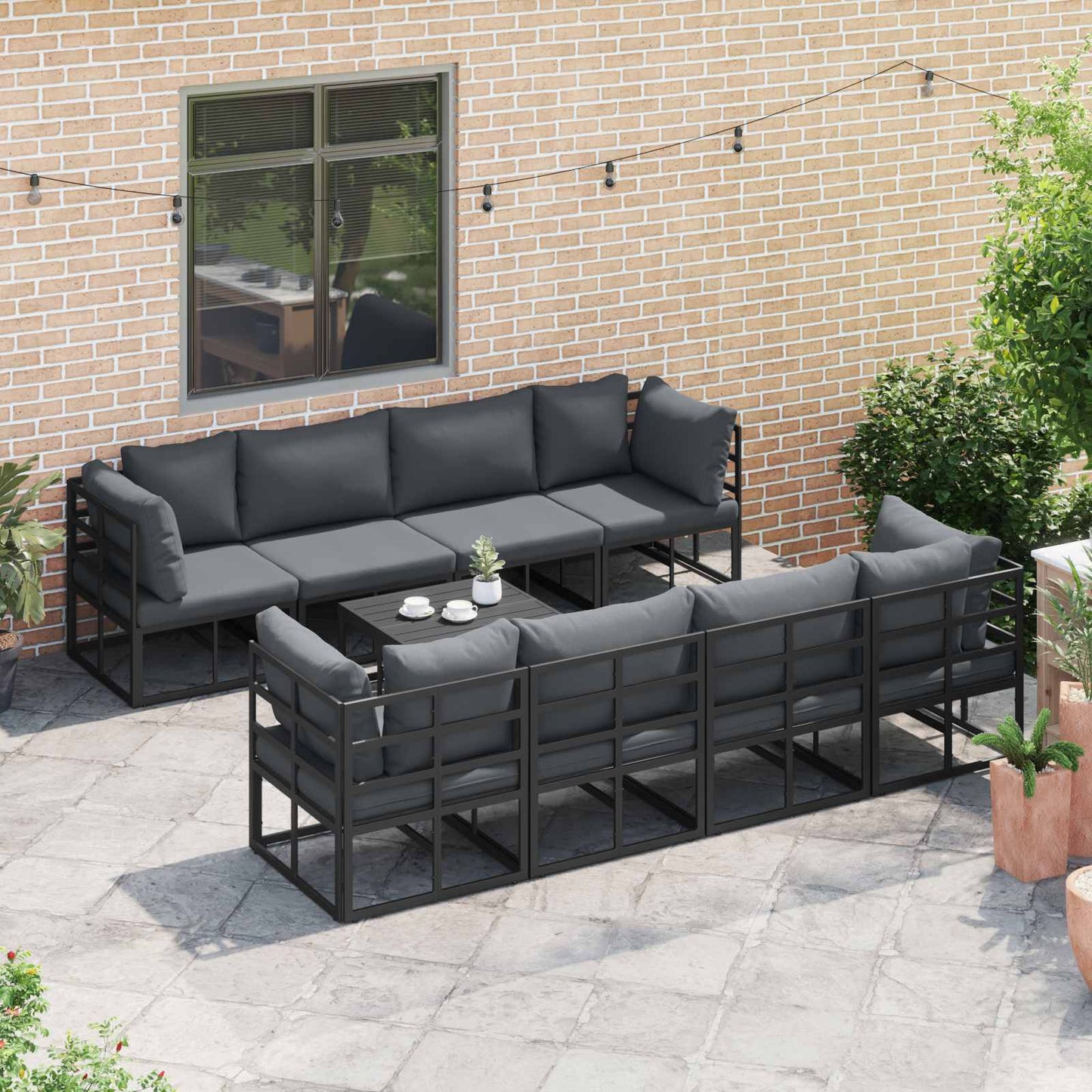 Garden Sofa Set with Cushion 9 pcs Black Steel