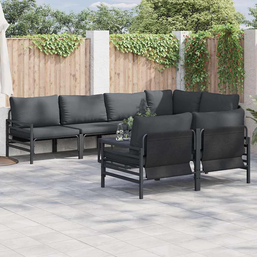 Garden Sofa Set with Cushion 7 pcs Black Steel