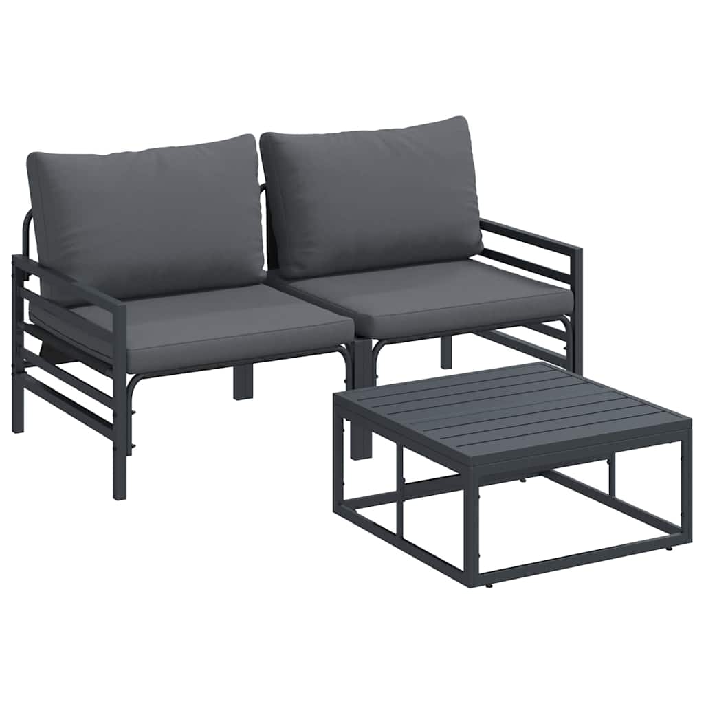 Garden Sofa Set with Cushion 3 pcs Black Steel