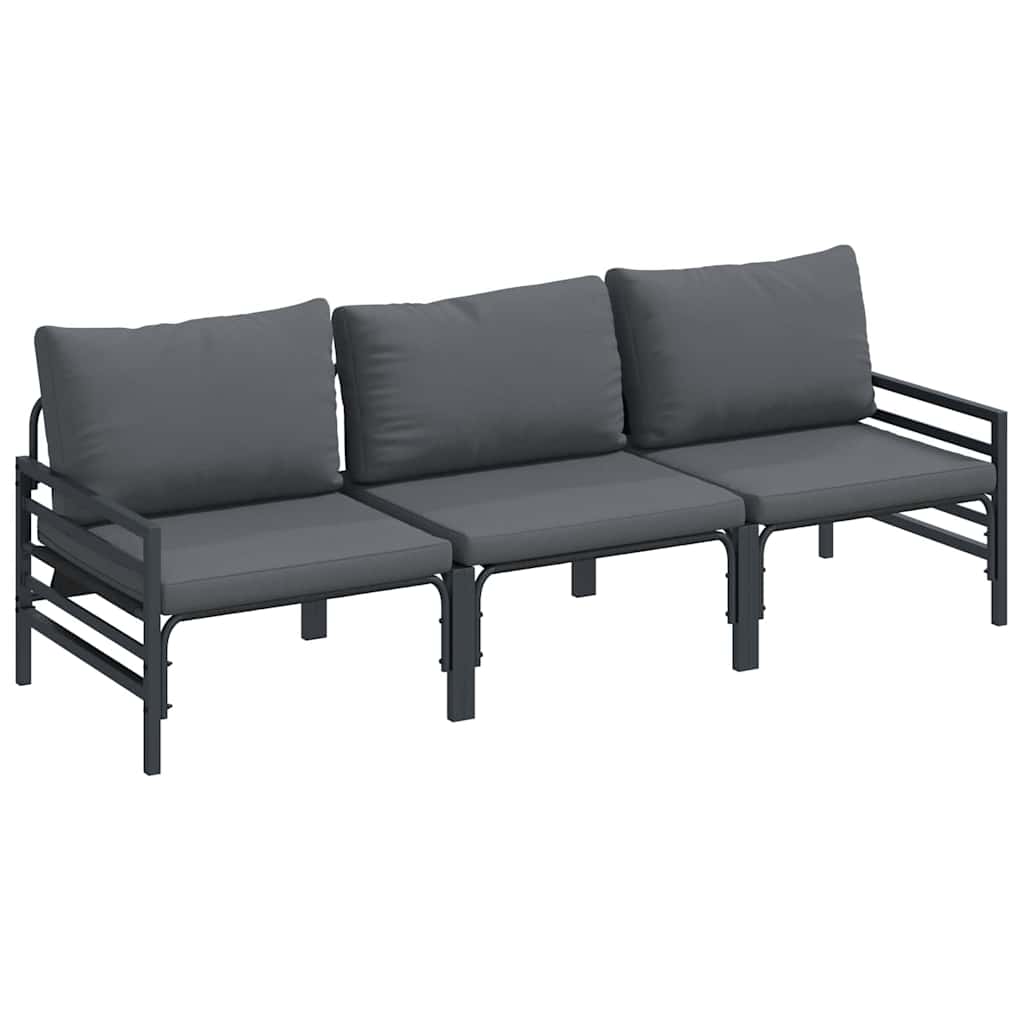 Garden Sofa Set with Cushion 3 pcs Black Steel