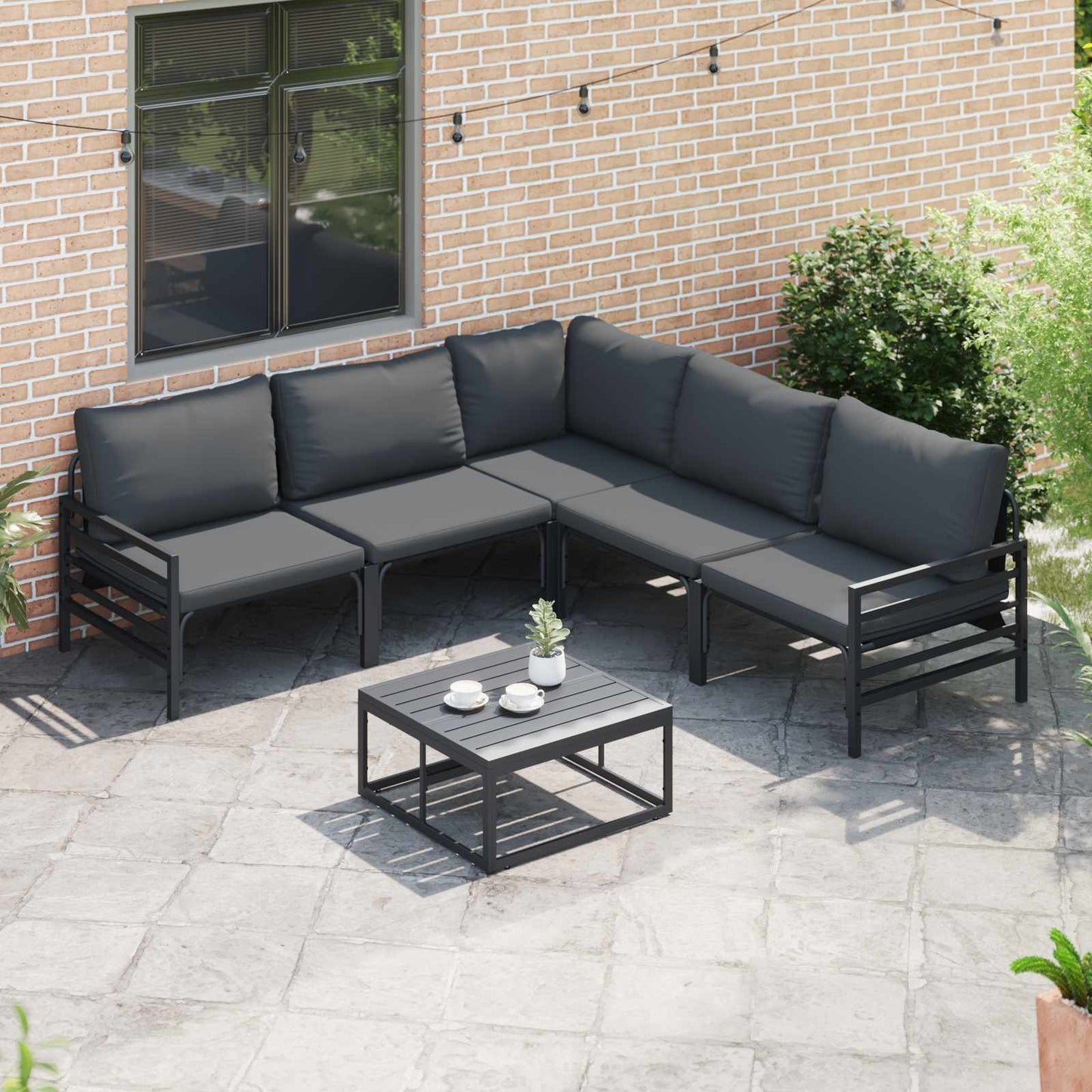 Garden Sofa Set with Cushion 6 pcs Black Steel